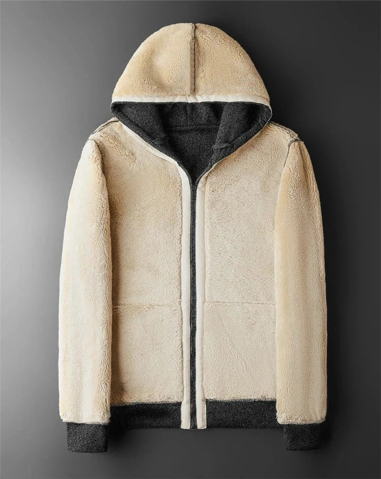 Hooded zip-front sherpa jacket with cream outer, black hood lining, front pockets, long sleeves