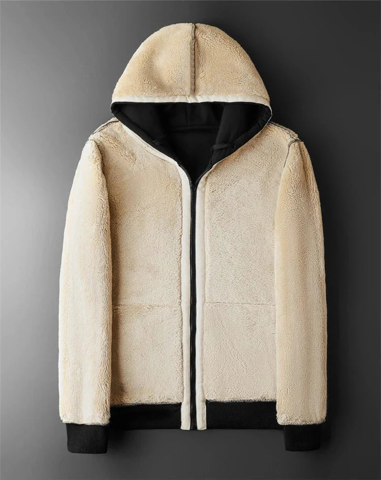 Hooded zip-front sherpa jacket with cream outer, black hood lining, front pockets, long sleeves
