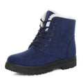 Blue winter ankle boots, lace-up design with faux-fur lining and thick tread sole