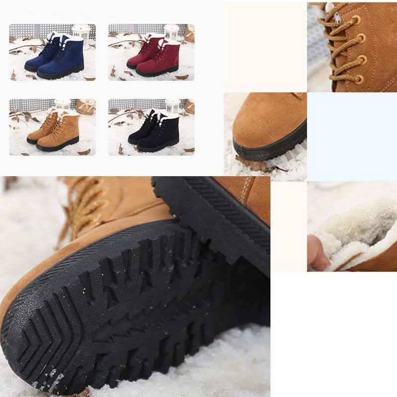 Winter short flat boots outsole close-up with thick black tread for traction on snow