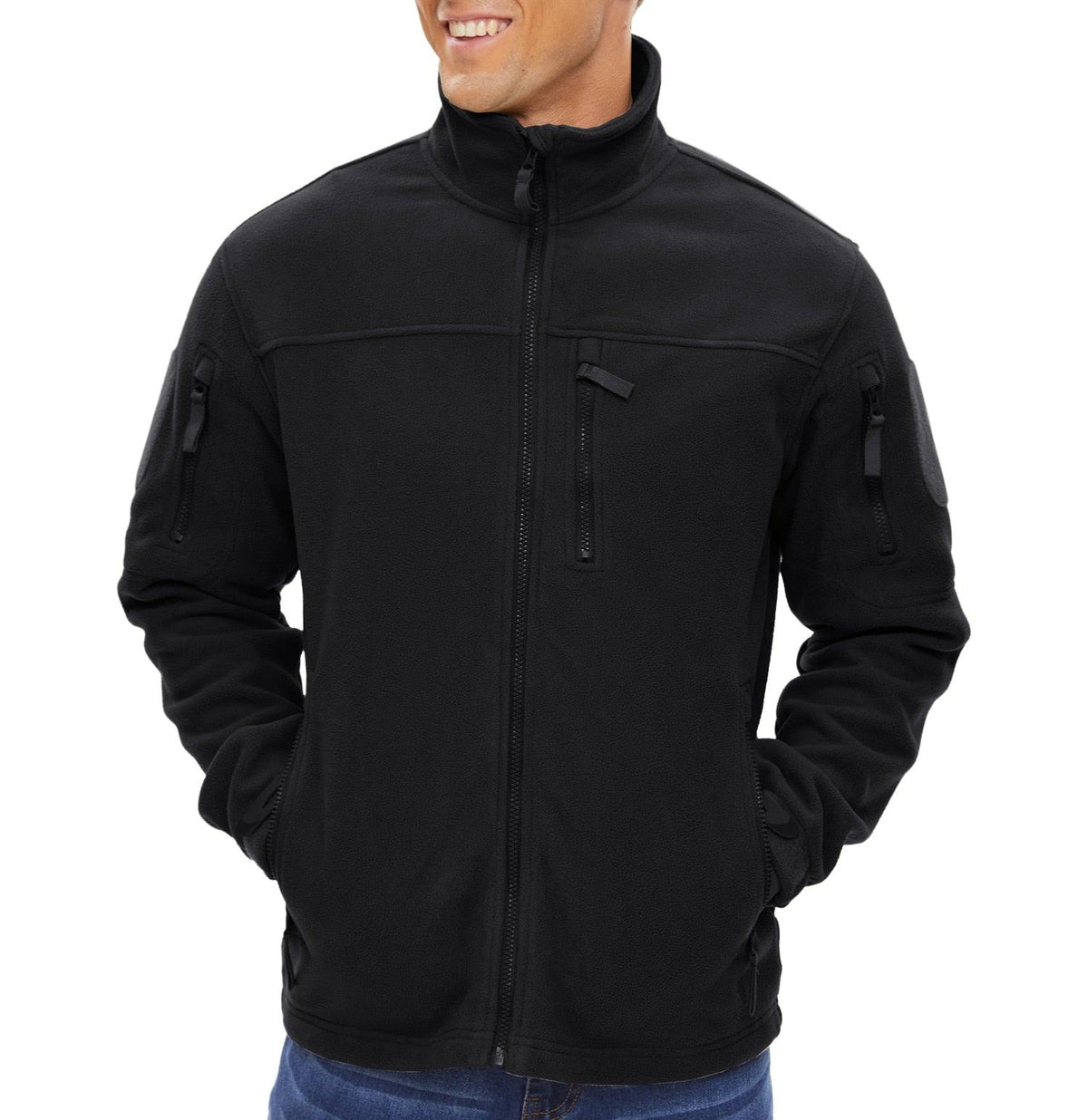Men's black fleece jacket with full-zip stand collar and zip chest pocket