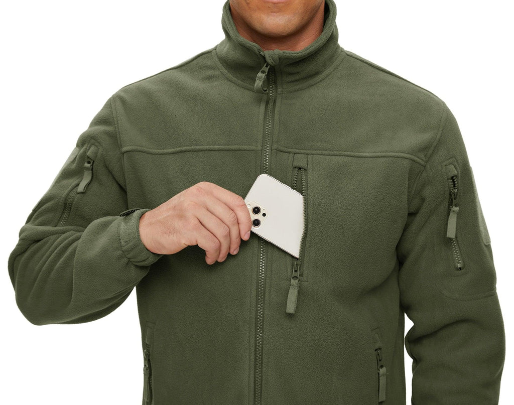 Men's green fleece jacket with full-zip and chest pocket holding a phone