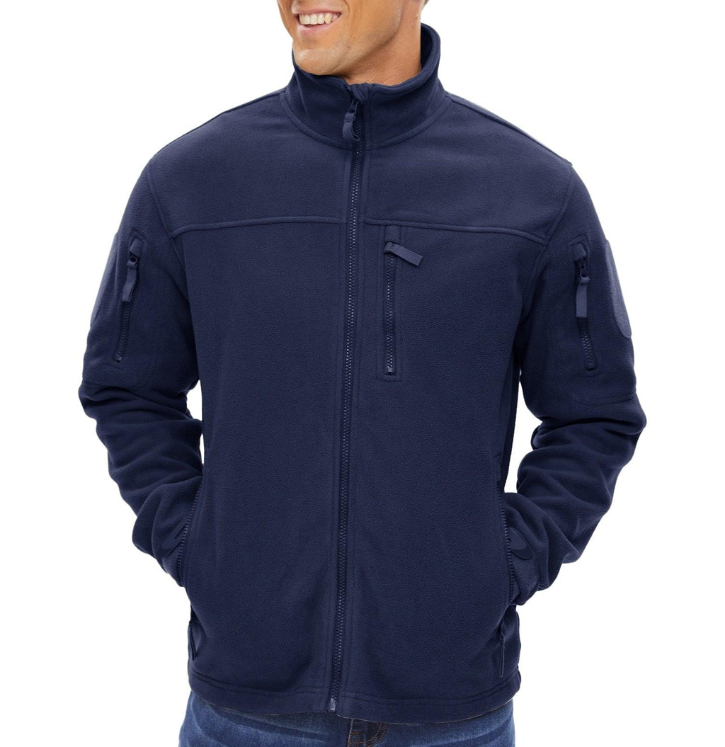 Men's navy fleece jacket with full-zip stand collar and sleeve utility pockets