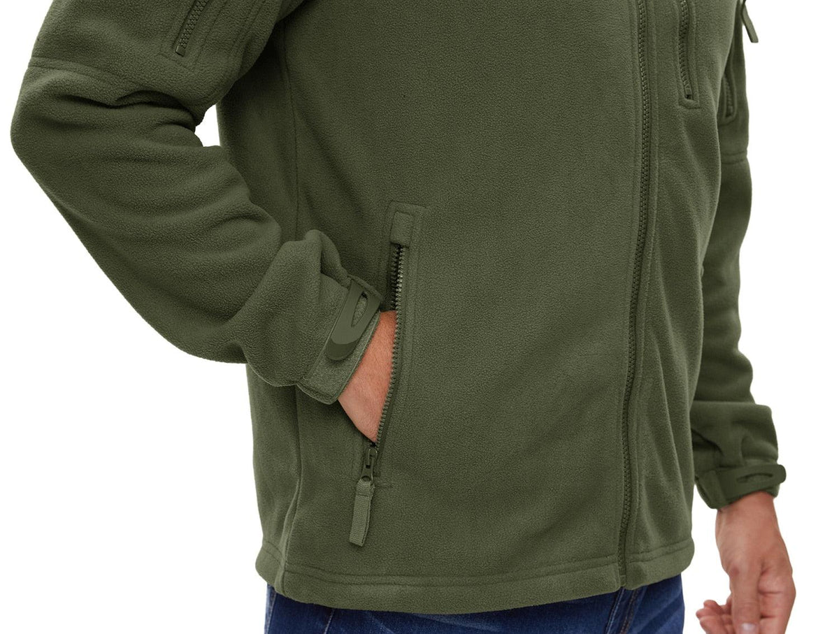 Olive green fleece jacket with full front zipper and side zip pocket, long sleeves