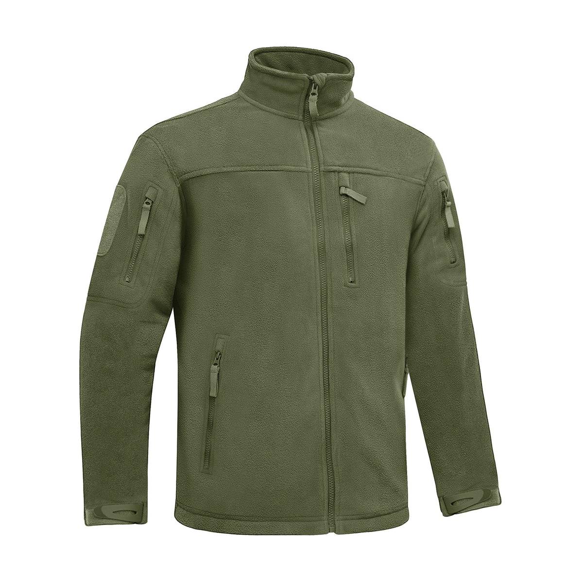 Men's olive green fleece jacket with full-zip, stand collar, and chest zip pocket