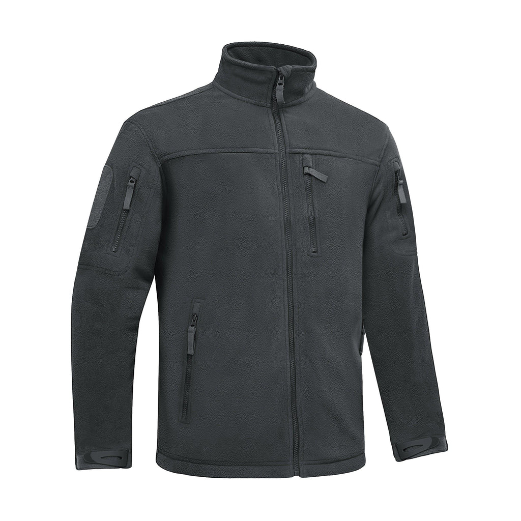 Dark gray fleece work jacket with stand collar, full front zipper, and multiple zip pockets