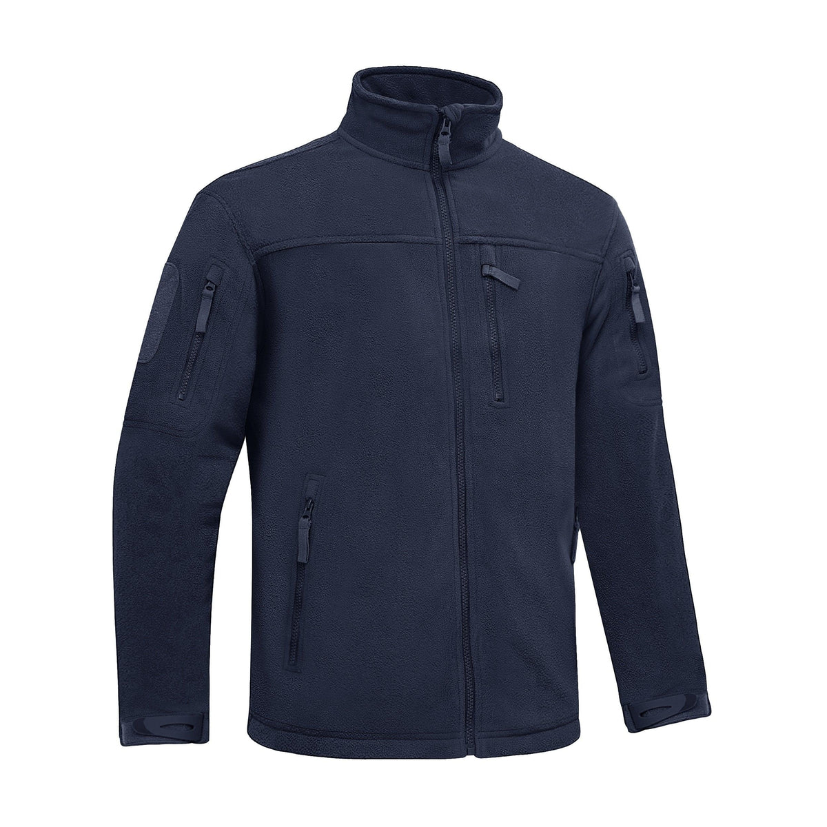 Navy fleece work jacket with stand collar, full front zipper, and multiple zip pockets