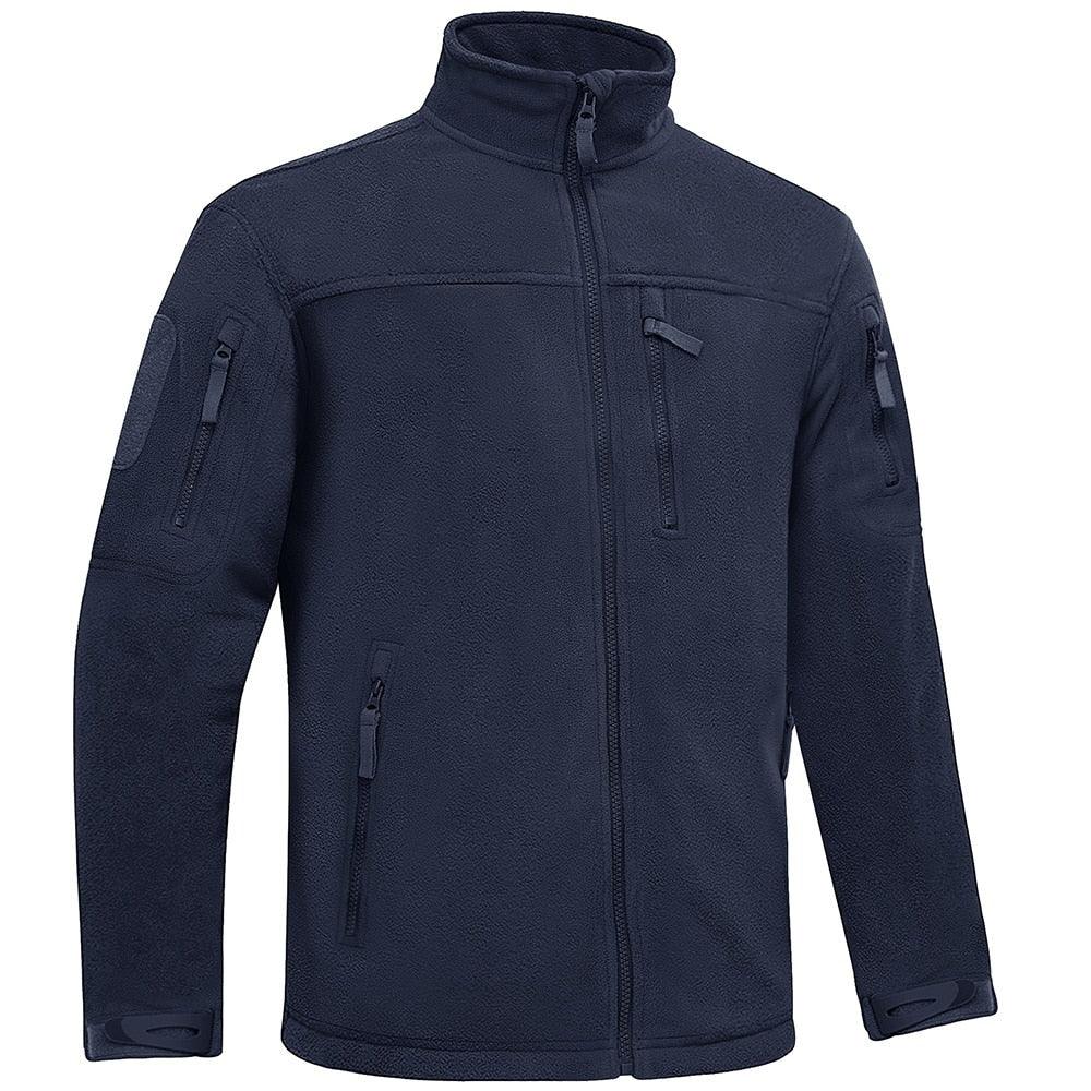 Men's navy fleece jacket, full-zip stand collar with multiple zip pockets.