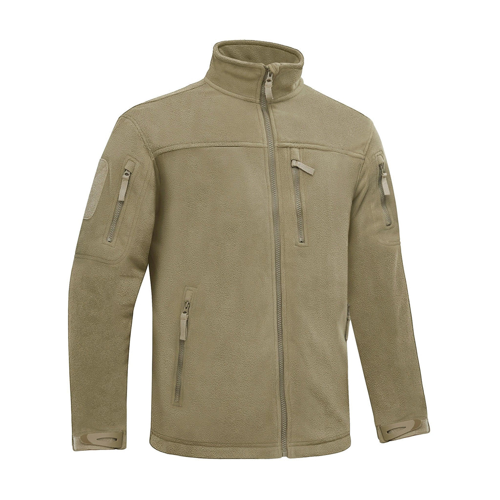 Men's beige fleece jacket with full-zip and stand collar, sleeve utility pockets