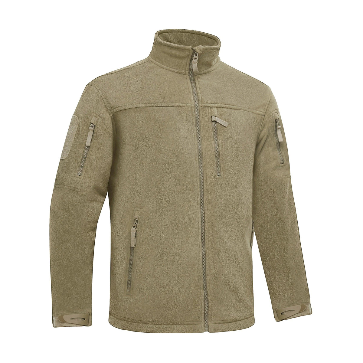 Men's beige fleece jacket with full-zip and stand collar, sleeve utility pockets