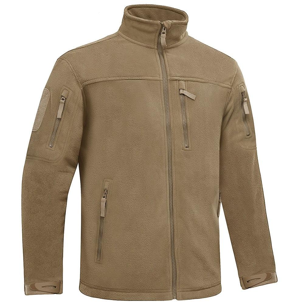 Men's tan fleece jacket, full-zip stand collar with multiple zip pockets.