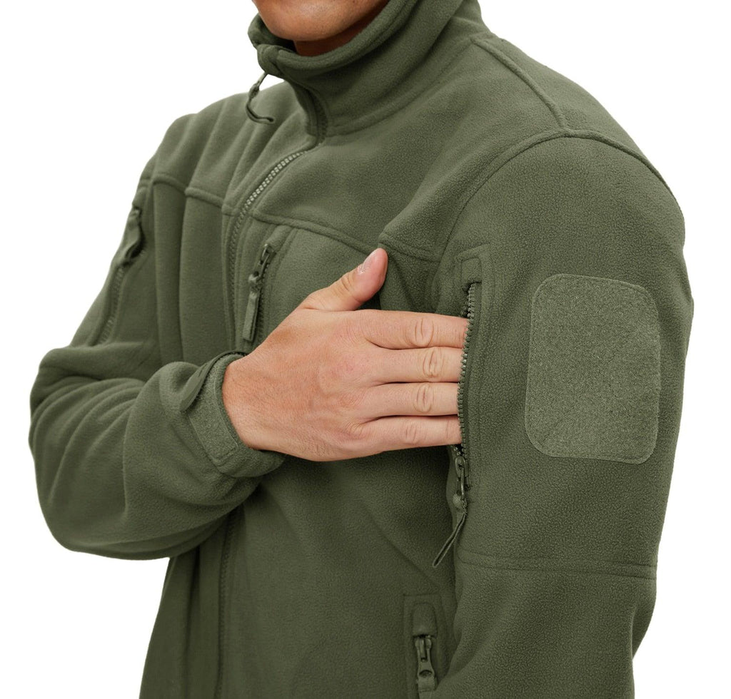 Men's olive green fleece jacket, full-zip stand collar with zip pockets.