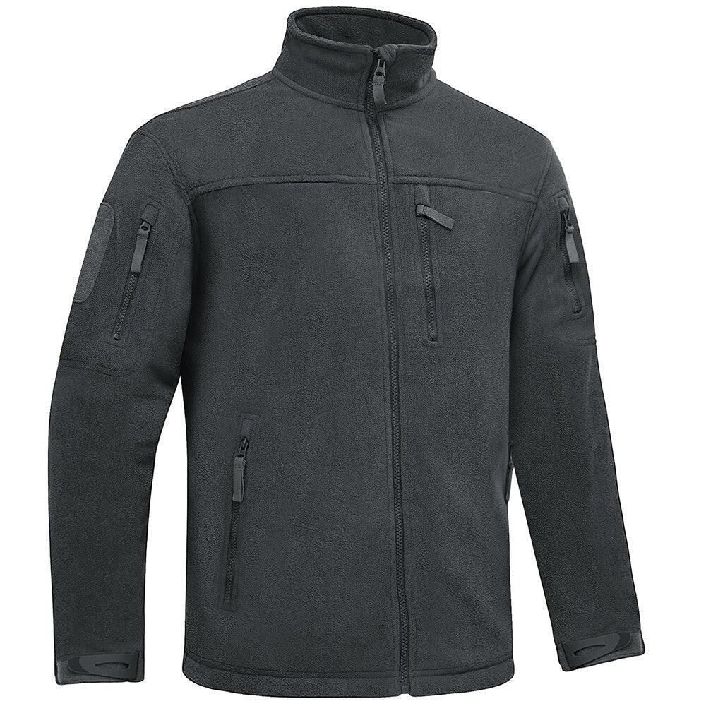 Men's dark gray fleece jacket, full-zip stand collar with multiple zip pockets.