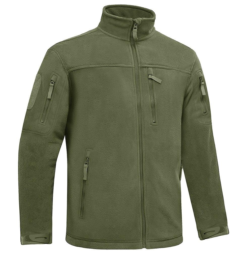 Men's olive green fleece jacket, full-zip stand collar with multiple zip pockets.