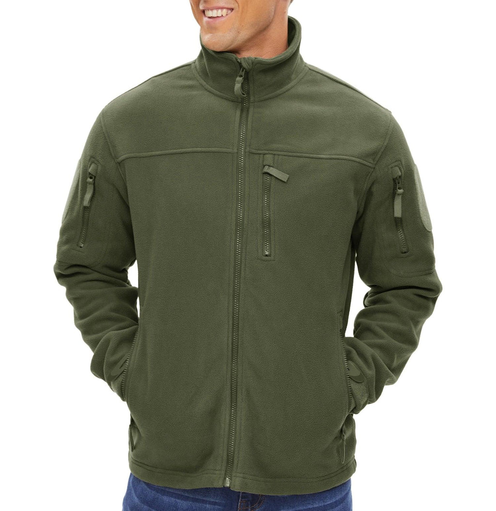 Men's green fleece jacket with full-zip stand collar and zip chest pocket