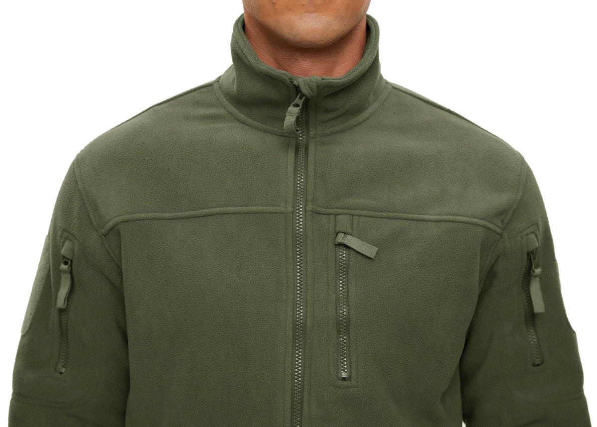 Men's green fleece jacket front view with zip stand collar and chest zip pocket