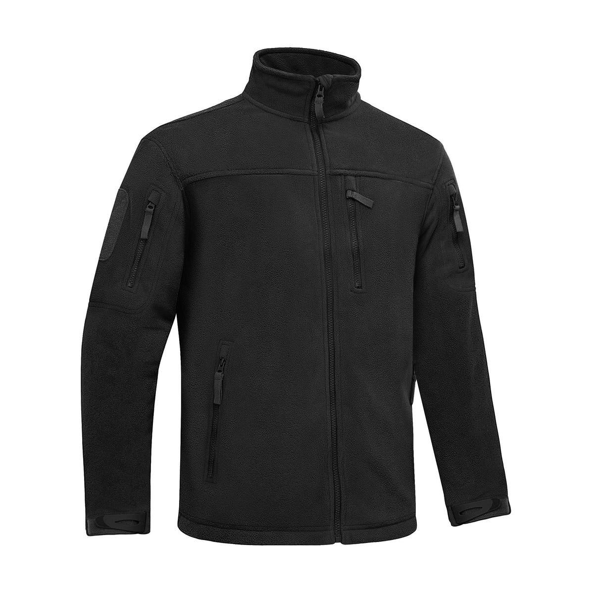 Men's black fleece jacket with full-zip and stand collar, zip chest pocket