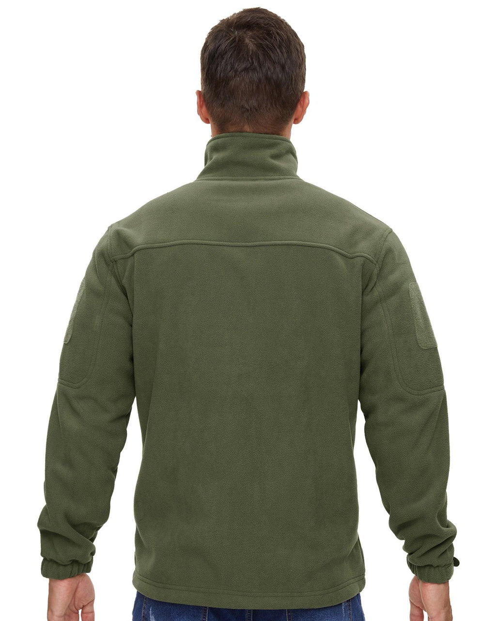 Men's green fleece jacket back view with full-zip and stand collar