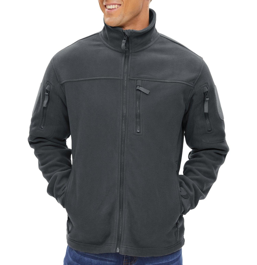 Men's dark gray fleece jacket with full-zip stand collar and zip chest pocket