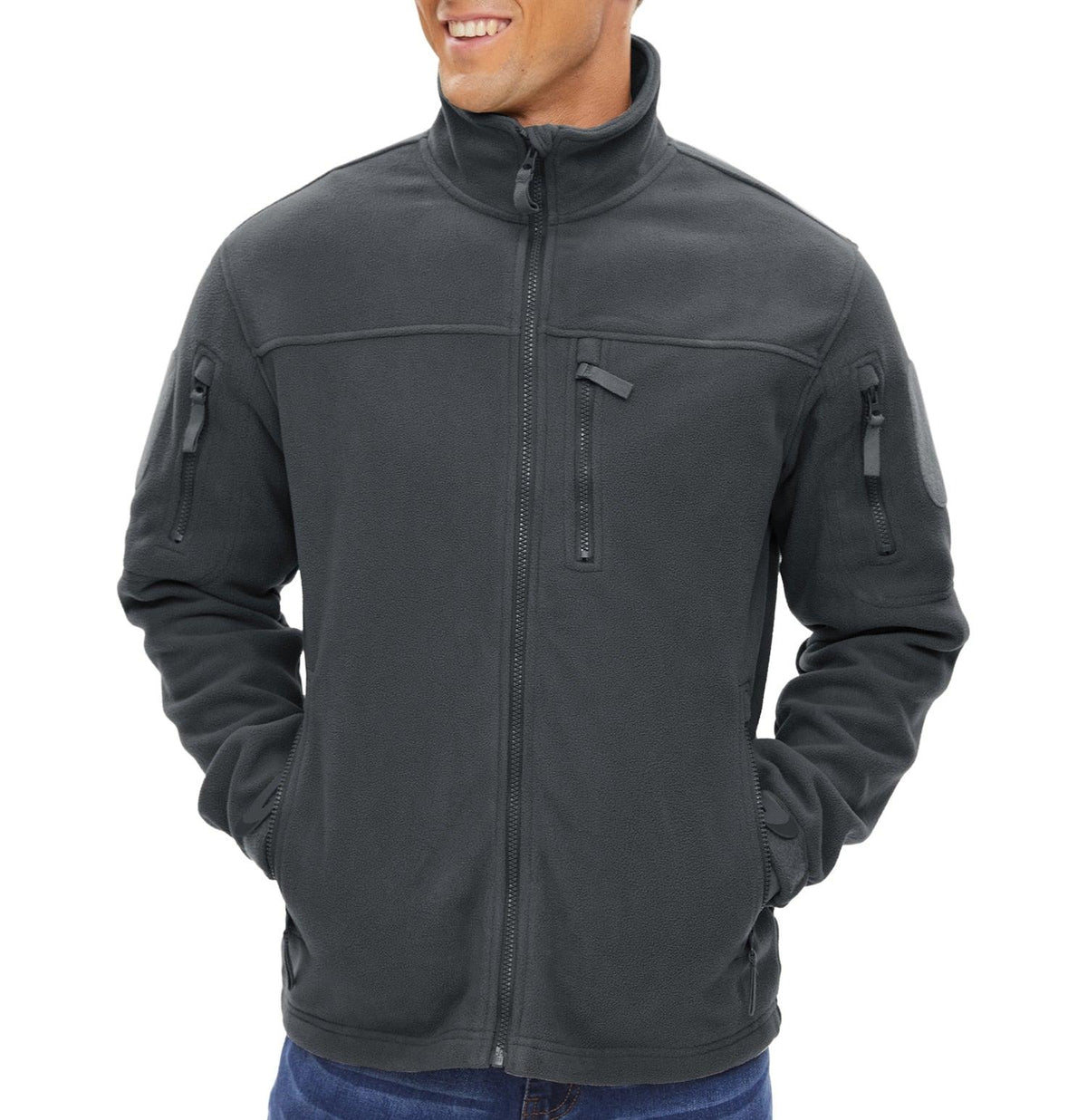 Men's dark gray fleece jacket with full-zip stand collar and zip chest pocket