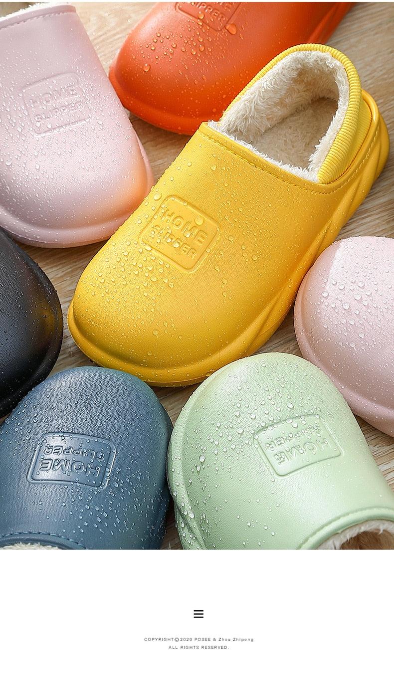 Multi-color plush-lined slip-on home slippers with water-repellent textured finish
