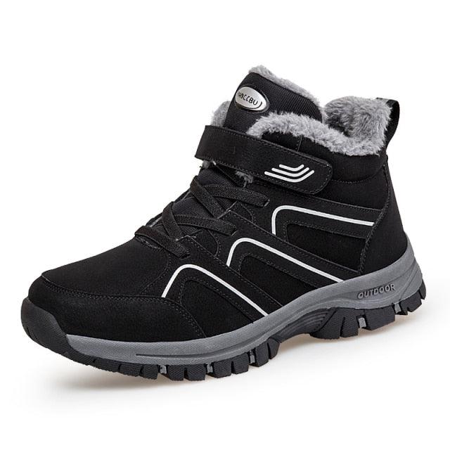 Black lace-up winter boots with plush lining and grippy rugged outsole.