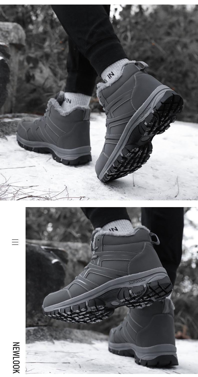 Grey plush-lined lace-up winter ankle boots showing thick tread and padded heel