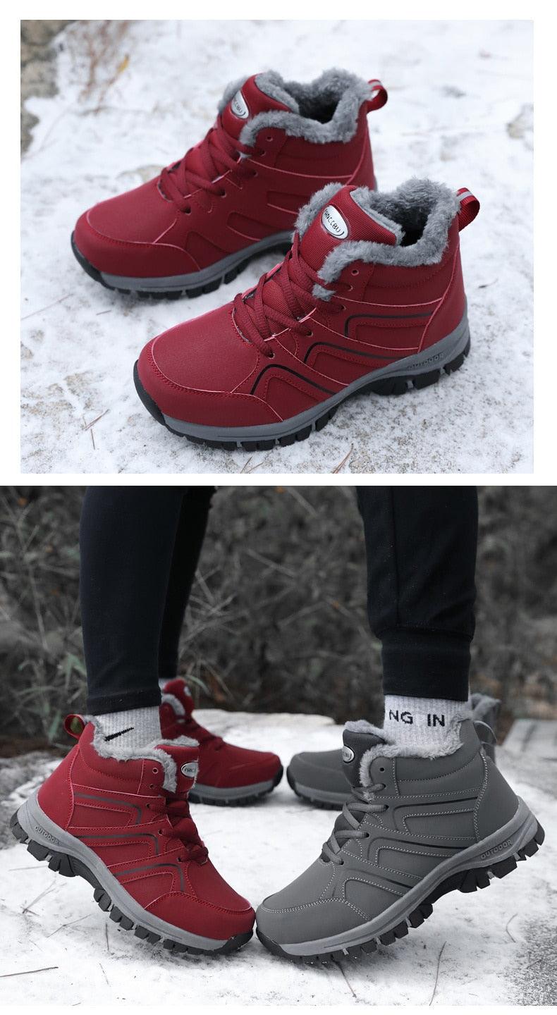 Red and gray plush-lined lace-up winter ankle boots with chunky tread soles