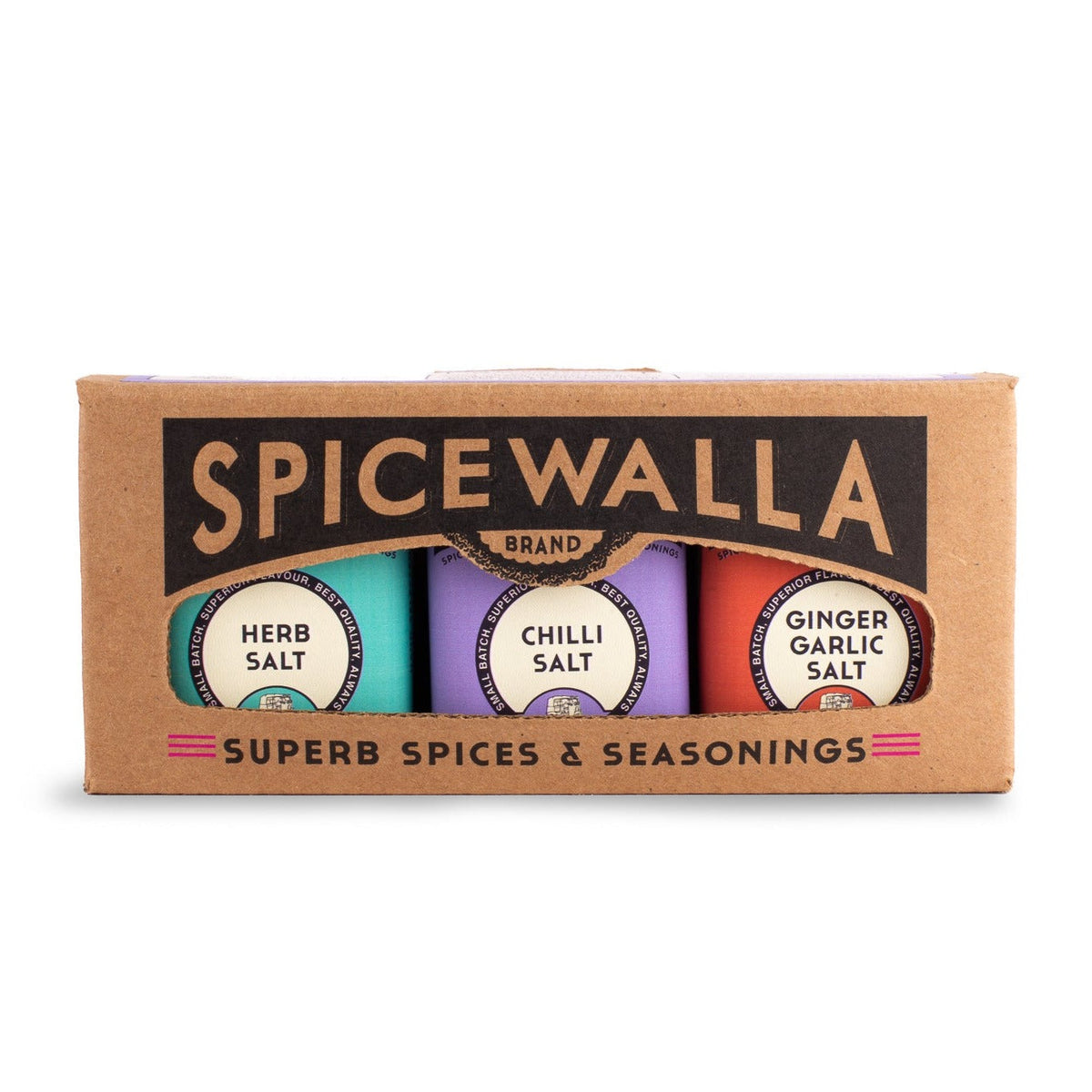 Spicewalla finishing salts box with herb salt, chilli salt, and ginger garlic salt
