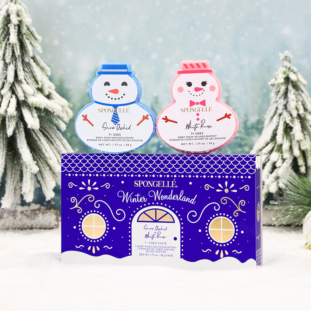 Two snowman-shaped bath buffers with a Winter Wonderland gift box