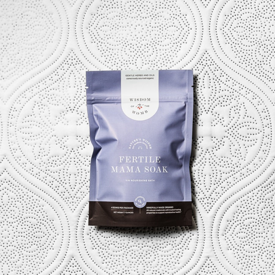 Fertile Mama Soak herbal bath pouch in blue-gray with seal label