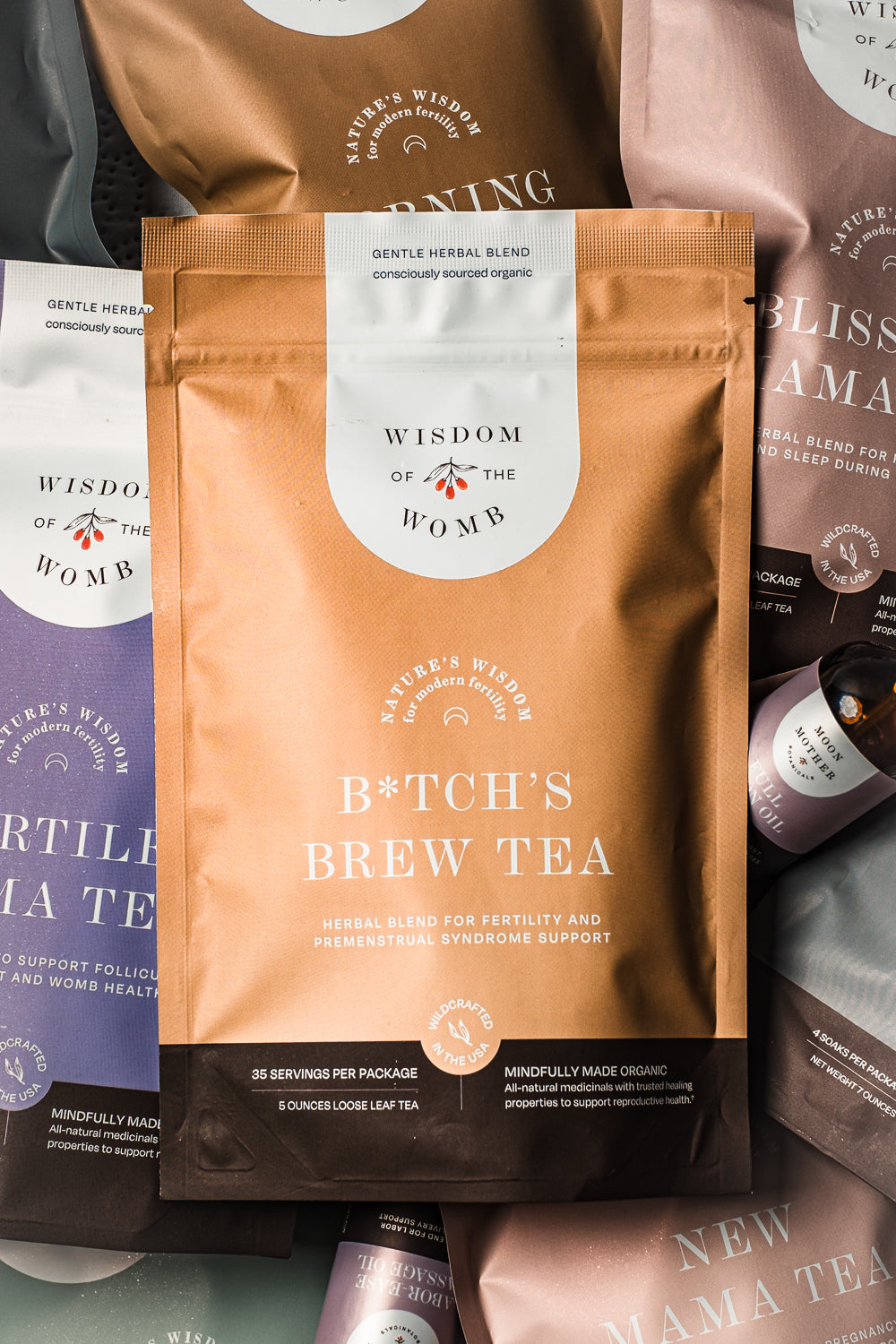 B’TCH’S BREW TEA herbal tea pouch in bronze with Wisdom of the Womb label