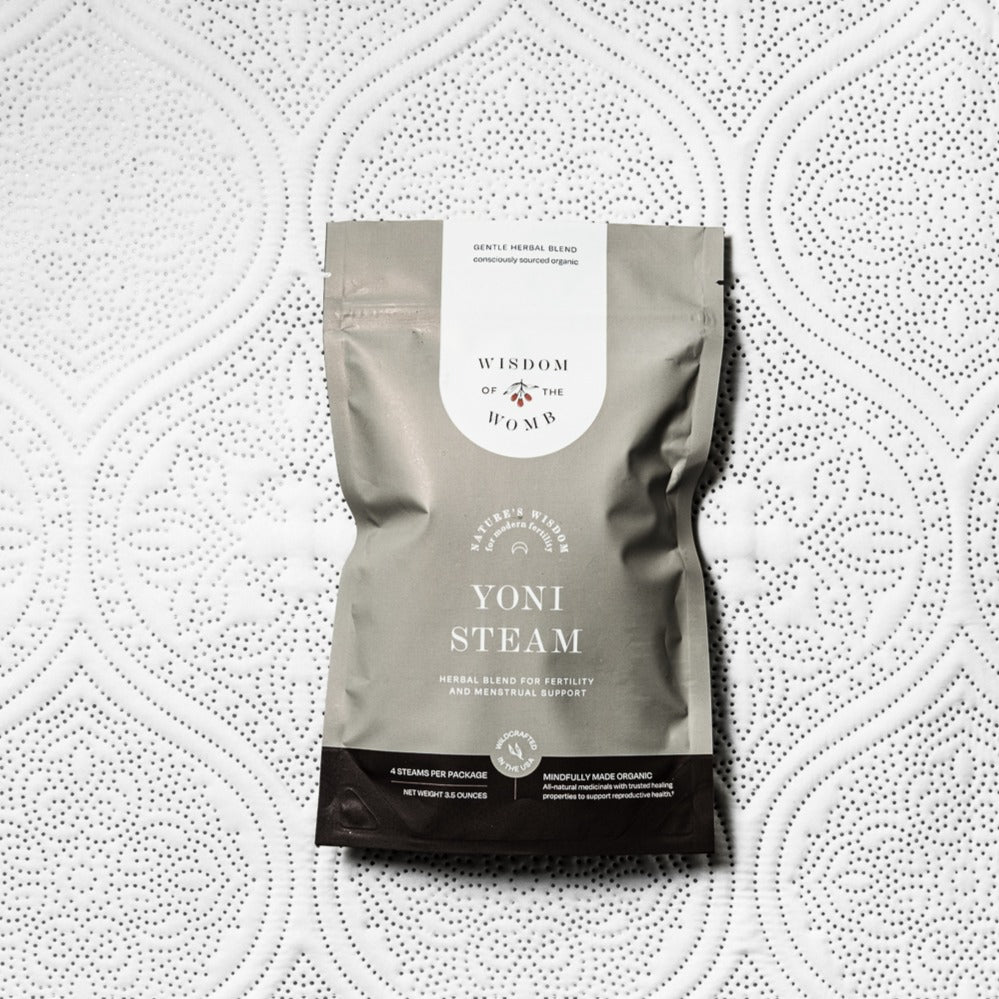 Yoni Steam herbal tea pouch in sage green with Wisdom of the Womb label
