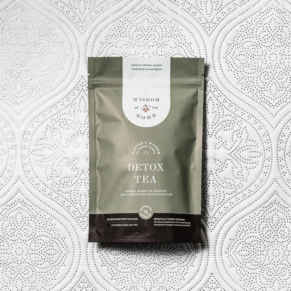 Detox Tea herbal tea pouch in olive green with Wisdom of the Womb label