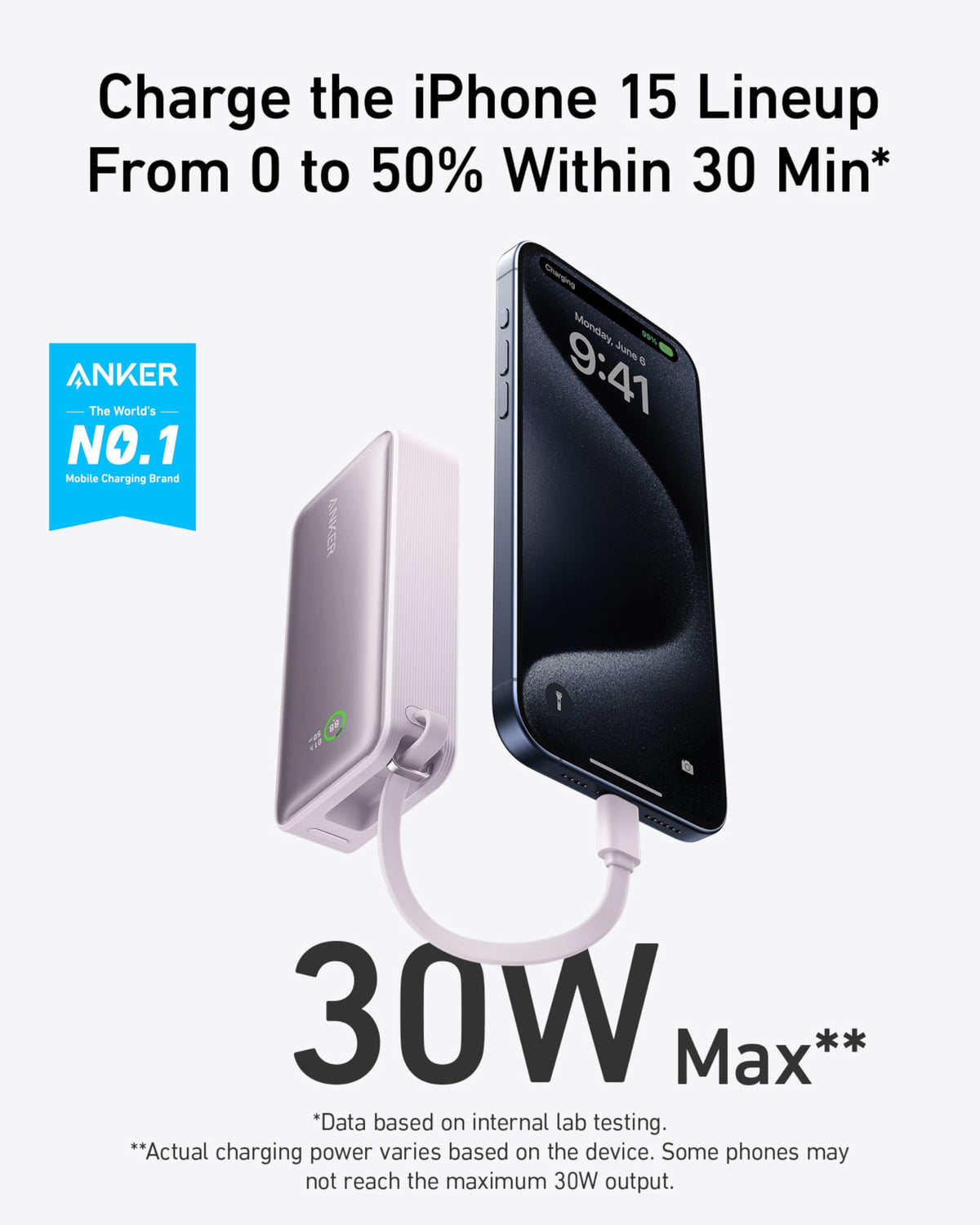 Portable power bank with built-in USB-C cable, light purple, charging setup
