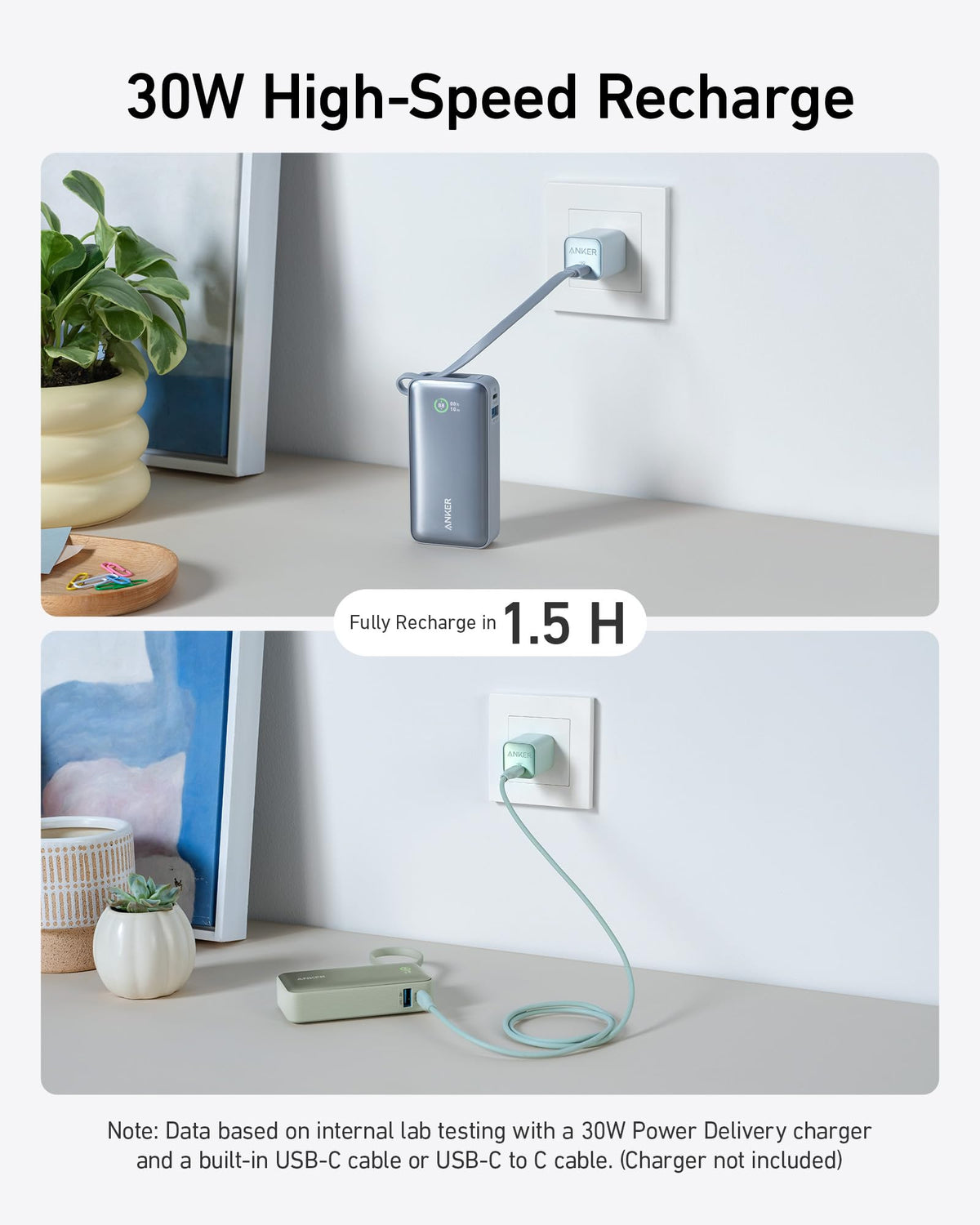 Portable power bank with built-in USB-C cable, blue-gray, charging from wall outlet