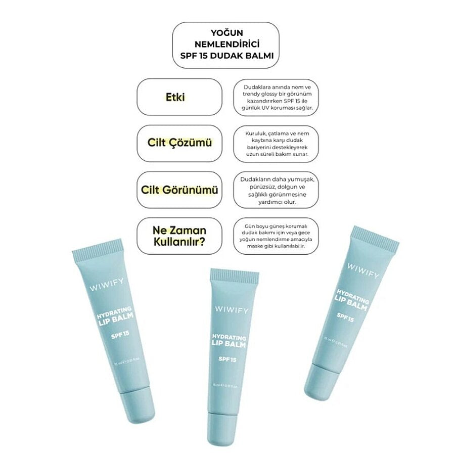 Three Wiwify hydrating lip balm SPF 15 tubes in light blue.