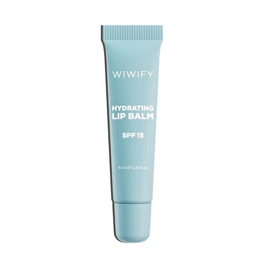 Wiwify hydrating lip balm SPF 15 in light blue squeeze tube, glossy finish.