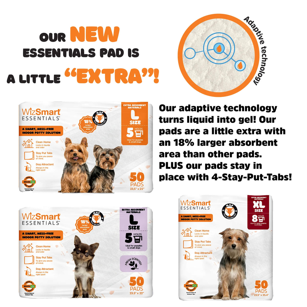 Package and graphic showing extra-absorbent dog training pads, 50-count option