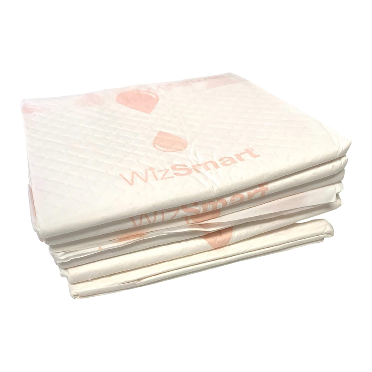 Stack of white dog training pads with faint paw prints, neatly folded