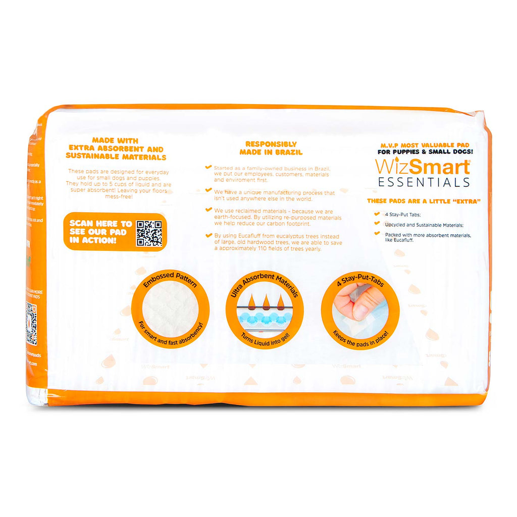 Dog training pads back package with absorbency icons and tabs, orange border