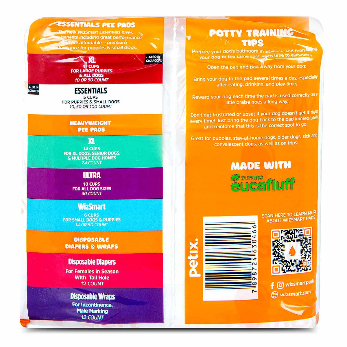 Dog training pads package side panel listing sizes and absorbency cup counts