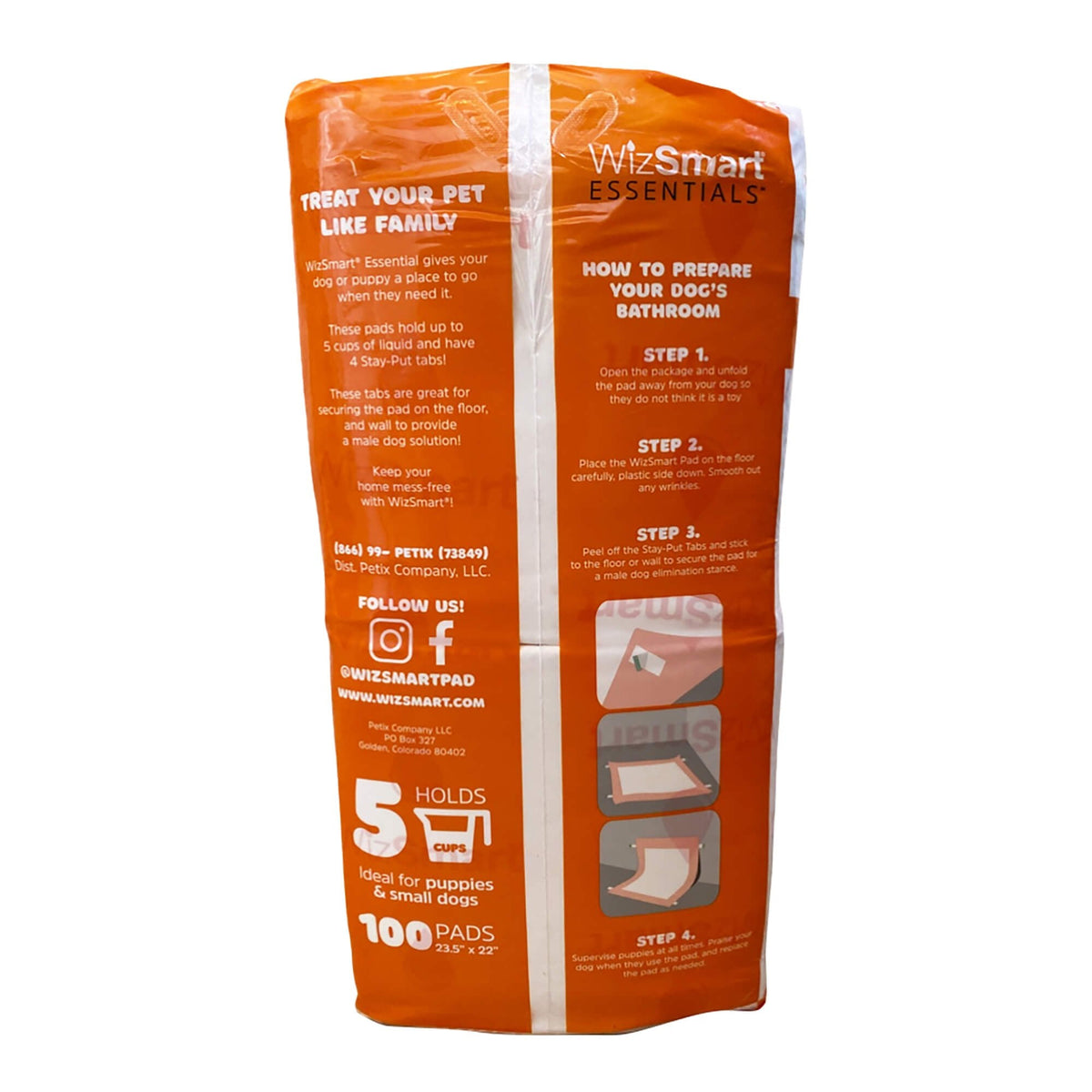 Dog training pads 100-count package with how-to steps and holds 5 cups