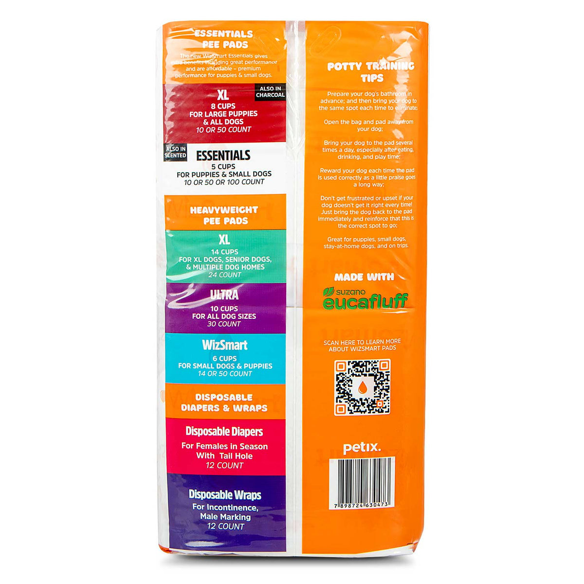 Dog training pads package side showing XL cups and disposable diapers & wraps counts