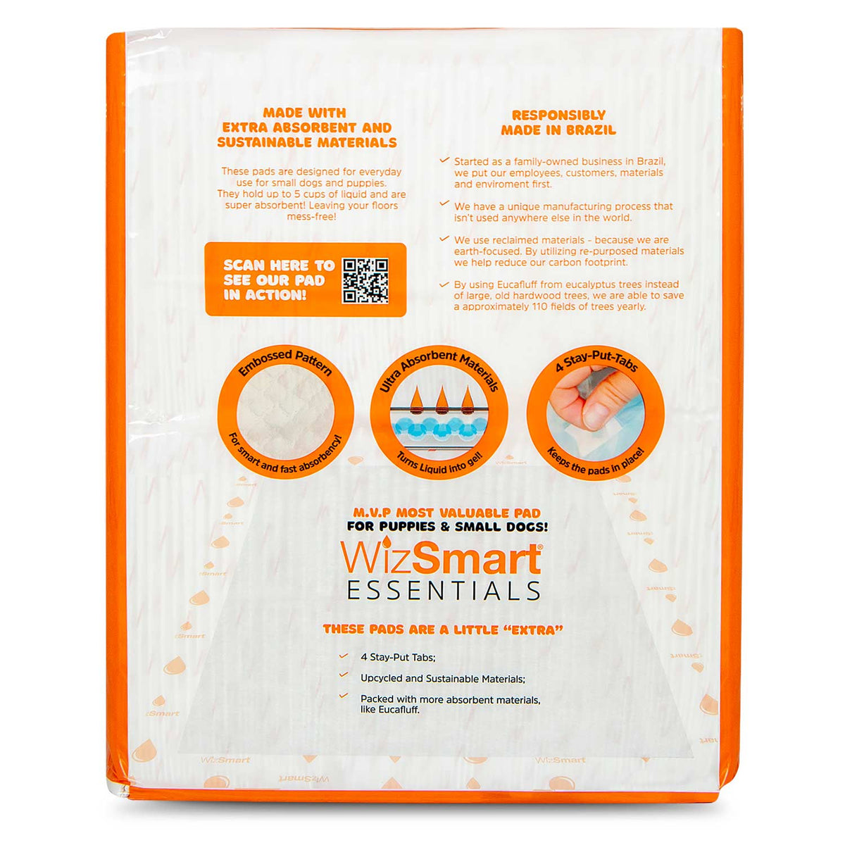 Dog training pads back package with eco icons and absorbency details for 100 pads