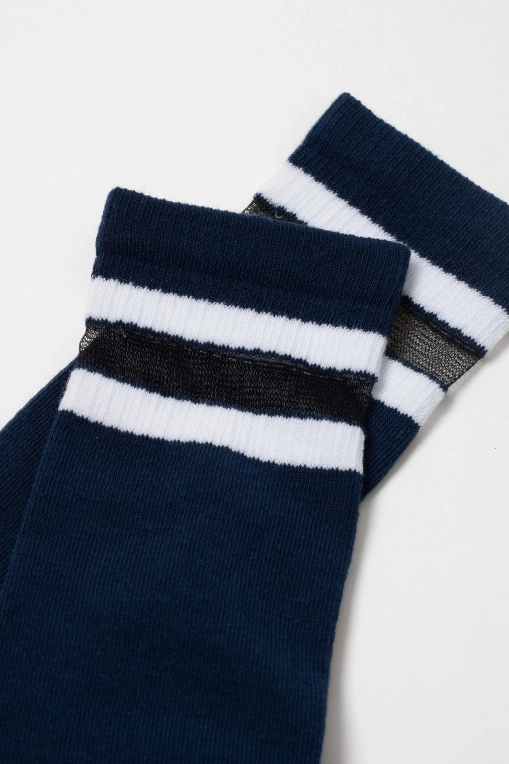 Kids knee-high cotton socks, dark blue knit with light and white stripe bands