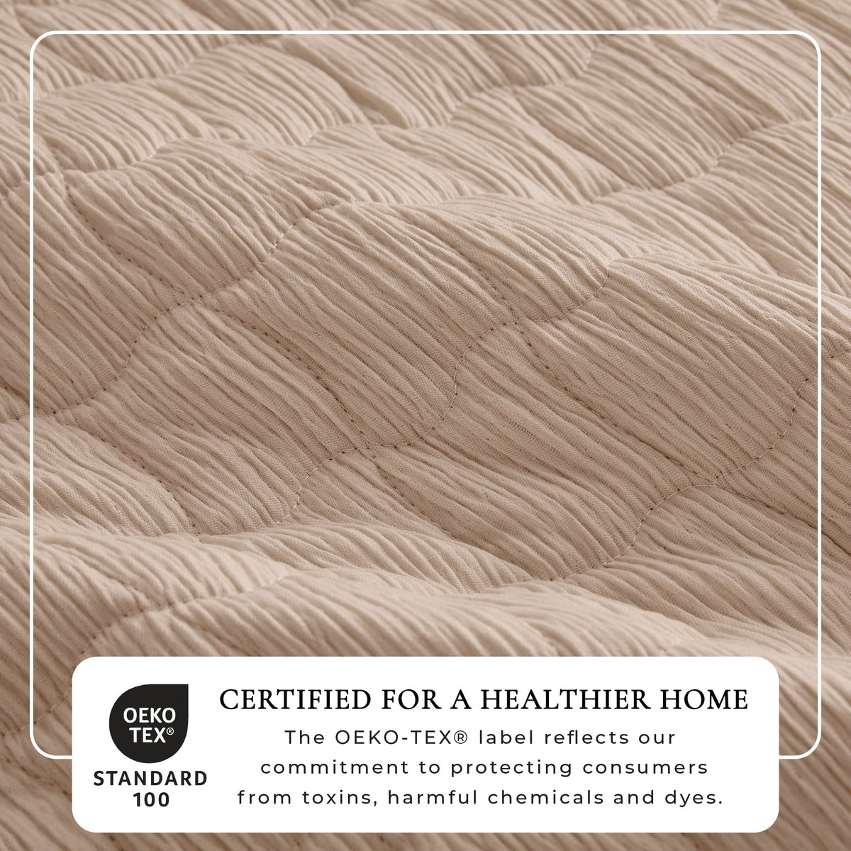 Light beige gauze quilt set close-up, wave-stitch quilting with raised fabric rows