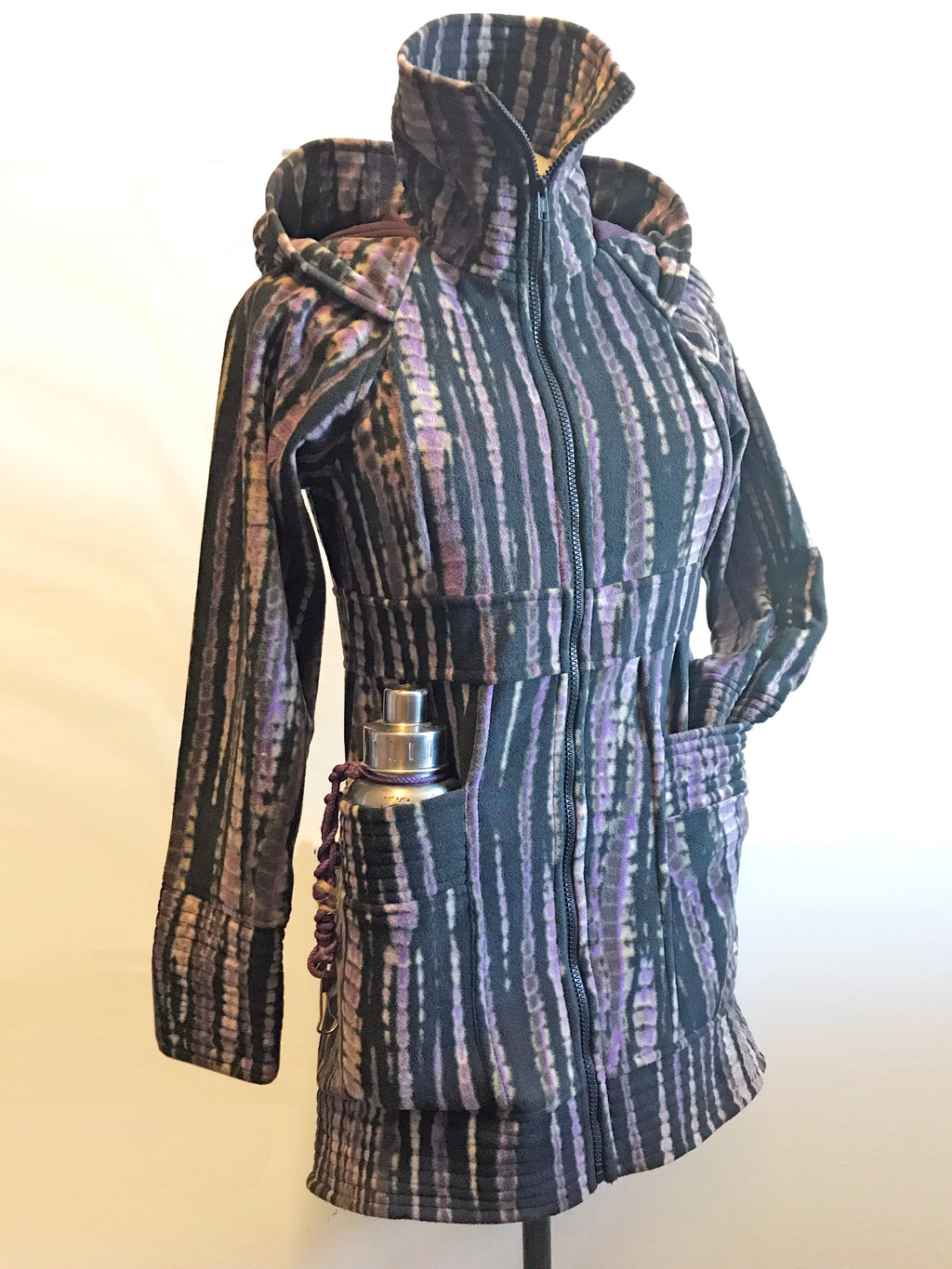 Multicolor striped fleece hooded sweater jacket with full zip and front pockets