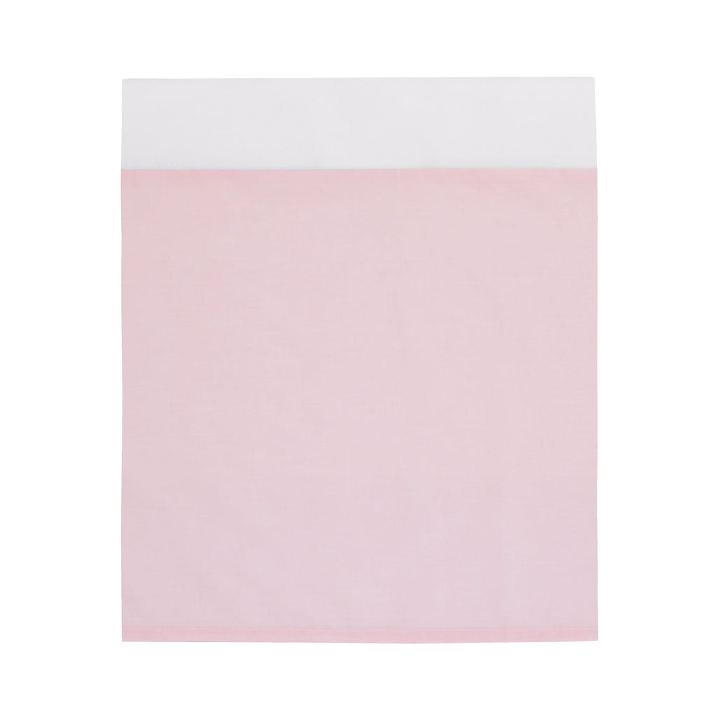 Pink crib dust ruffle with straight top and clean folded edges