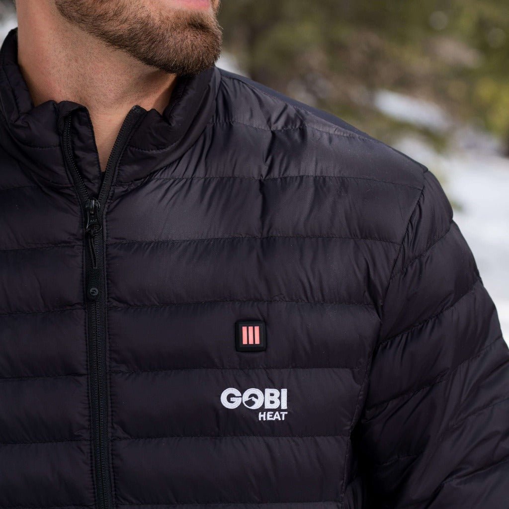 Men's black heated puffer jacket, full-zip with GOBI heat logo on chest